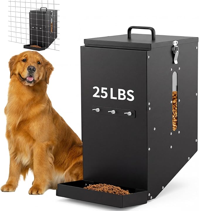 25 Lbs Hanging Automatic Dog Feeder for Large Dogs, Heavy Duty Metal Gravity Food Dispenser, Mounted Pet Cage Feeder for Breeds, Kennel, Outdoor Fence, Rabbit, Chicken, Ferret, Chinchilla