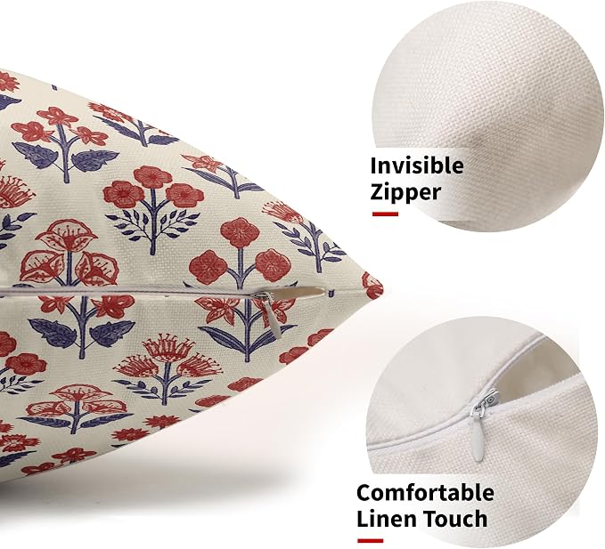 4th of July Patriotic Floral Block Print Pillow Covers 12x20 Inch Set of 2, Navy Blue Red Flower Lumbar Decorative Throw Pillowcases Outdoor Memorial Day Cushion Covers Holiday Sofa Couch Bed Decor