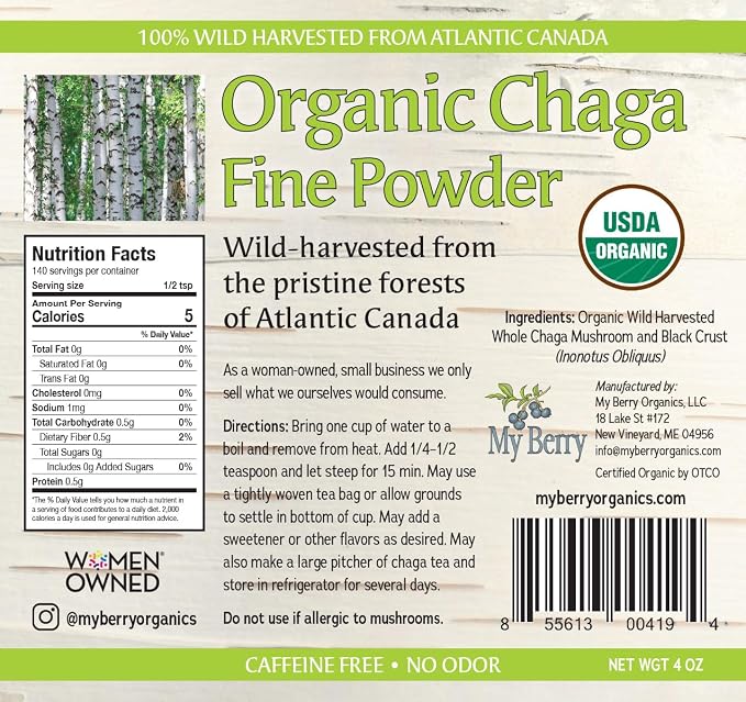 Organic Chaga Tea Fine Mushroom Powder by My Berry |100% Wild-Harvested from Atlantic Canada | 4oz | Herbal Tea | Raw Loose Powder | Additive-Free & Caffeine-Free