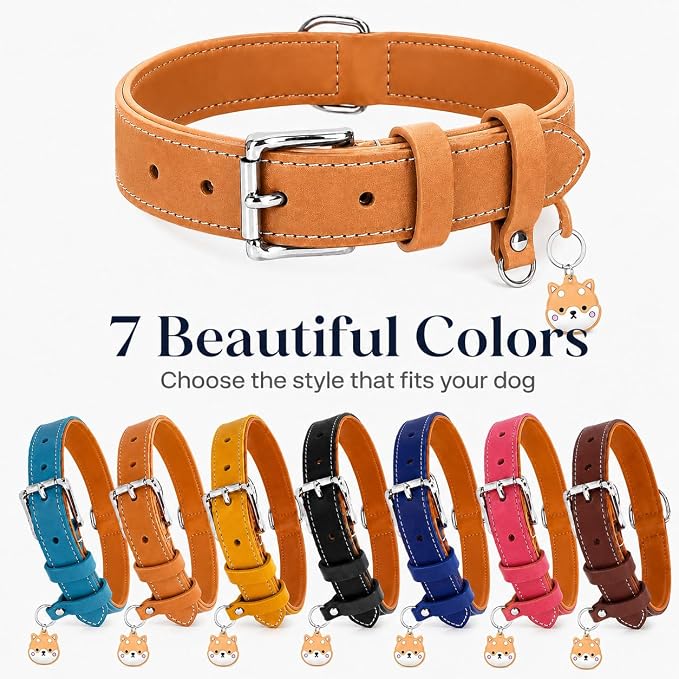Genuine Leather Dog Collar, Soft Padded Leather Dog Collars with Airtag Holder Case for Small Medium Large X-Large Dogs,Comfort Heavy Duty Pet Collar with Durable Metal Buckle & D-Ring-Khaki/S