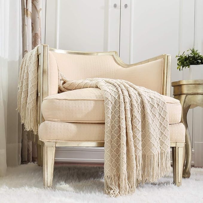 CREVENT Farmhouse Boho Knitted Throw Blanket for Couch Sofa Chair Bed Home Decoration, Soft Warm Cozy Light Weight for Spring Summer Fall (60''X80'' Beige)