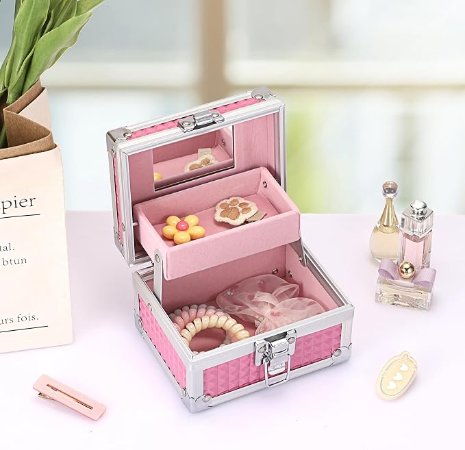 Hipiwe 2-Layer Decorative Jewelry Box Pink Hair Accessories Stotage Case | Metal Jewelry Trinket Organizer Box with Mirror and Drawer for Earrings Rings Necklace, 4.7" x 3.7" x 3.1"