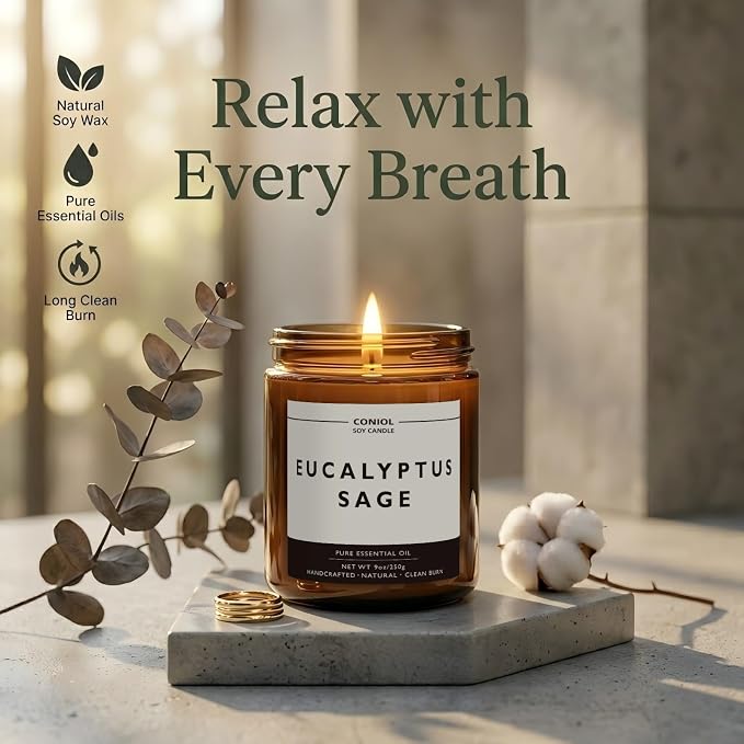 Eucalyptus Sage Scented Candles for Home, Natural Soy Wax Candle with Essential Oils, 9oz Amber Jar Aromatherapy Candel, 50H Long & Non-Toxic Burning, Hand Poured, Giftable, Relaxation, Spa