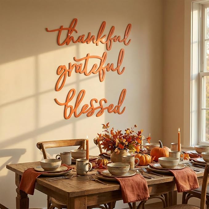 Thankful Grateful Blessed Letter Sign Metal Wall Decor, 3 Piece Black Letters Wall Art for Bathroom Bedroom Metal Words Wall Decor for Home Decor (Orange)