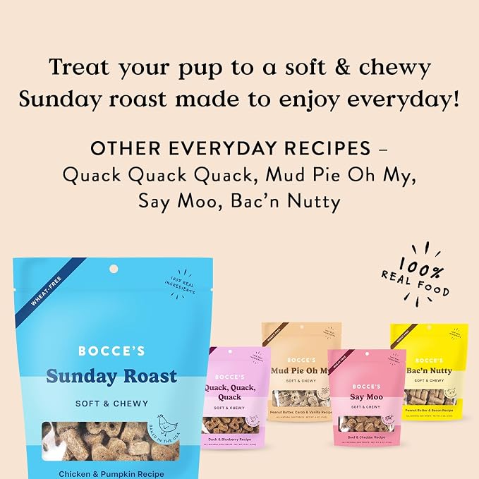Bocce's Bakery Sunday Roast Soft & Chewy Dog Treats (Chicken & Pumpkin) | Oven Baked, Wheat-Free Everyday Dog Treat Cookies - Made with Real, Limited Ingredients and Baked in The USA (6 oz)