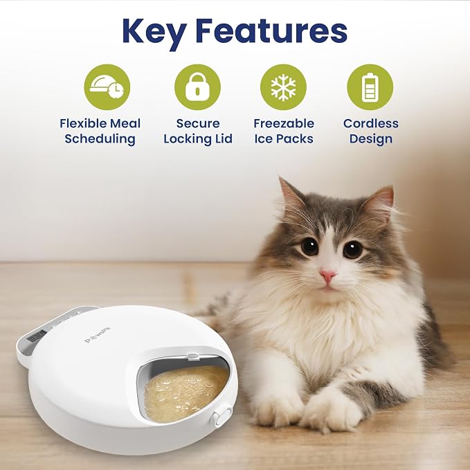 Smart 4-Meal Automatic Wet Food Pet Feeder, 4-Cup Capacity | Programmable Timer for Wet & Dry Food, Cordless, with Ice Packs, Dog & Cat Feeder, White