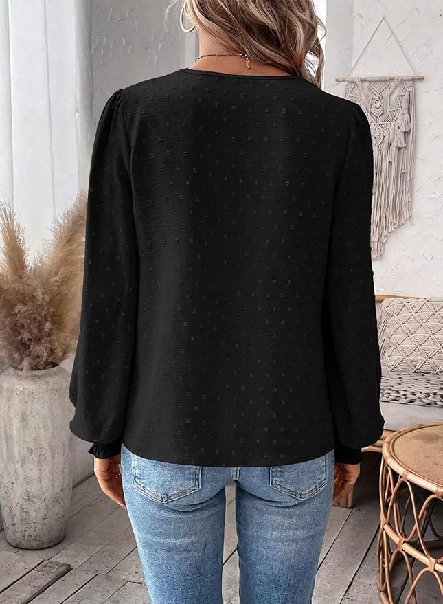 Womens Tops Swiss Dot Boho Long Sleeve Shirts V Neck Casual Chiffon Blouses Flowy Lace Hem Cute Clothing Trendy 2026