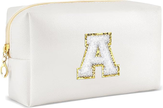 URSKYTOUS Gifts for Girls Initial Makeup Bag Personalized Cosmetic Bag with Zipper Cute Travel Toiletry Bags Waterproof PU Preppy Makeup Pouch Birthday Gift for Teen Girls Women(White A)