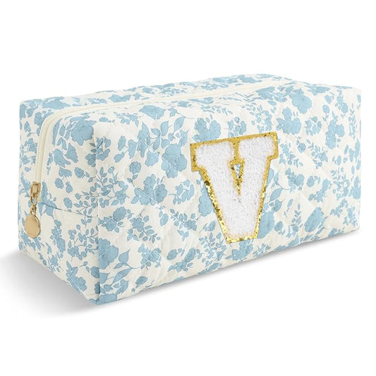 Personalized Quilted Cosmetic Bag, Puffy Monogrammed Christmas Birthday Gifts for Women & Girls, Cute initial Floral Makeup Bag Puffer Coquette Bag, Aesthetic Travel Toiletry Zipper Pouch(Blue,V)