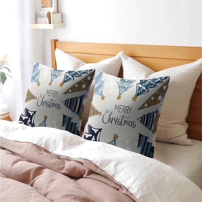 Kawani Merry Christmas Throw Pillow Covers 20x20 Inches, 2 PCS Blue Gold Xmas Pine Trees Cotton Linen Square Pillowcase Cushion Case for Bed Couch Winter Holiday Home Decor