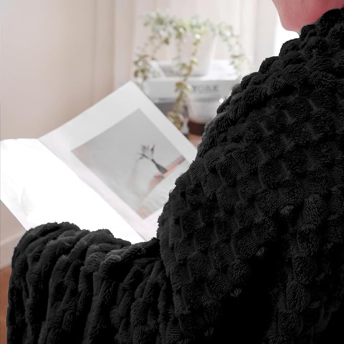 Puncuntex Black Throw Blanket 90"×90" inches Fuzzy 3D Jacquard Decorative | Flannel Fleece Super Soft Plush Cozy Blanket for Couch Sofa Chair Lightweight