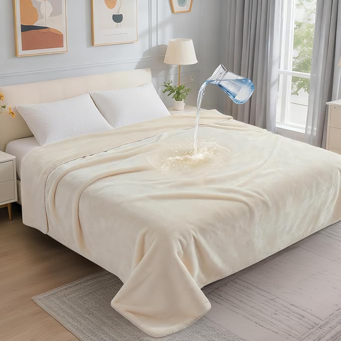 LOOBANI Waterproof Blanket for Queen Bed, Couch Cover 80" x 90", Beige | Reversible Soft Flannel, Large Dog Blankets, Spill-Proof Sofa Cover for Furniture Protection, Pet Hair Resistant, Noise Free