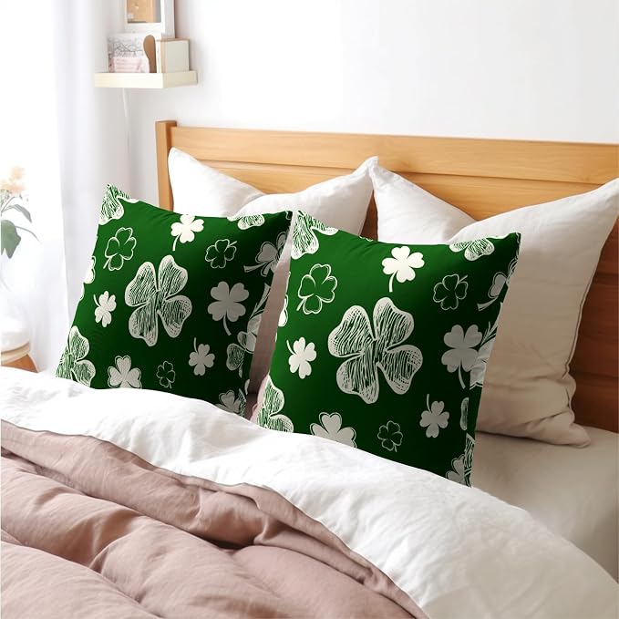 Kawani St Patricks Day Pillow Covers Set of 2, 20x20 Inch Green White Shamrock Lucky Clover Decorative Cotton Linen Throw Pillowcases for Couch Sofa Bedroom Livingroom Holiday Decor