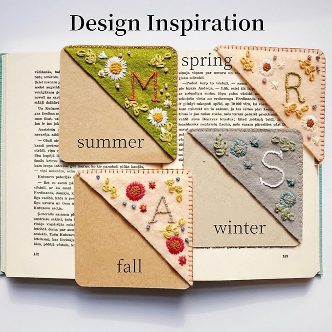 MOTEERLLU Personalized Hand Embroidered Corner Bookmark,Felt Triangle Page Stitched Handmade Bookmark,Unique Cute Flower Letter Embroidery Bookmarks Accessories for Book Lovers(Spring-v)