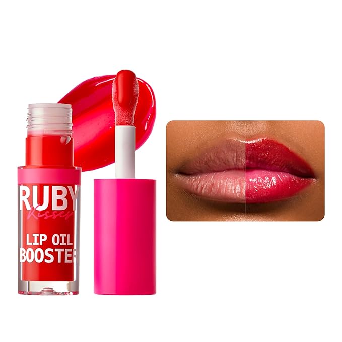 Ruby Kisses Lip Oil Booster, Hydrating Lip Gloss with Nourishing Natural Oil Blend, Jumbo Wand for Easy Application, Non-Sticky Formula (Hot Cherry)