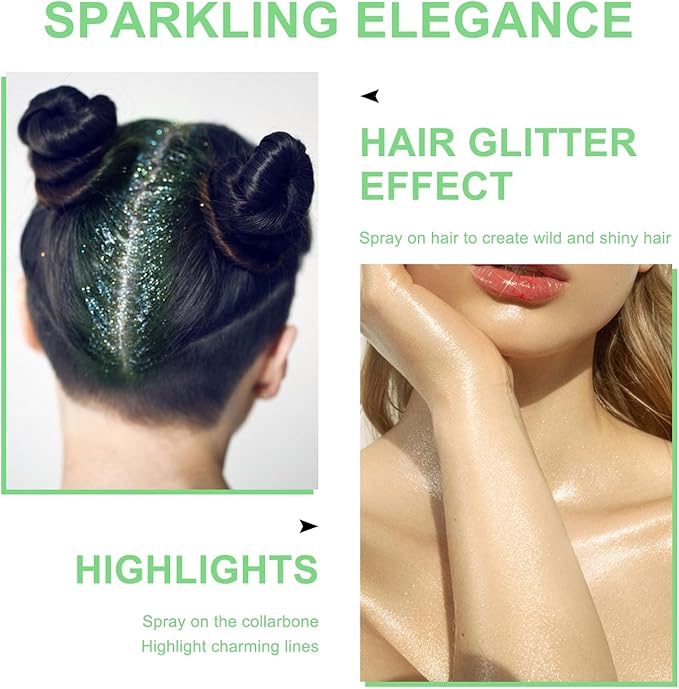 Hair and Body Glitter Spray, Shimmering Powder Sparkle Powder Makeup, Glitter Loose Sparkle Makeup for Body Highlighter,Festival Prom Rave Accessories (Green)