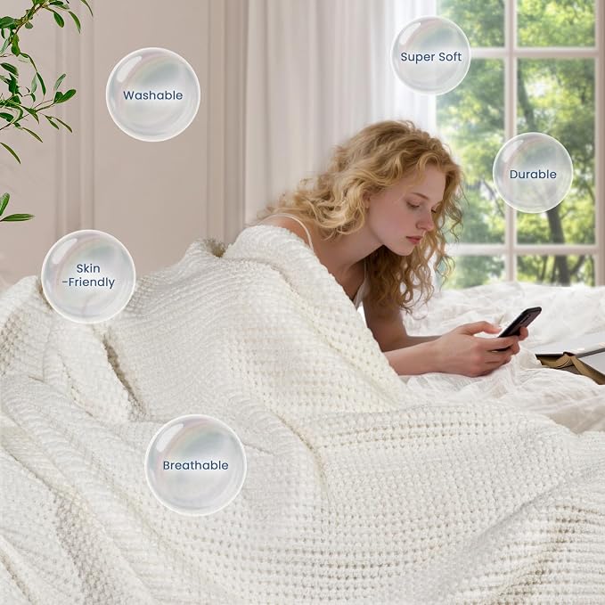 Waffle Knit Throw Blanket for Couch, Soft Cozy Chunky Knit Thick Knitted Blanket for Sofa, Bed, Gift for Women Girls Home Decor (Off White, Throw 50"x60")