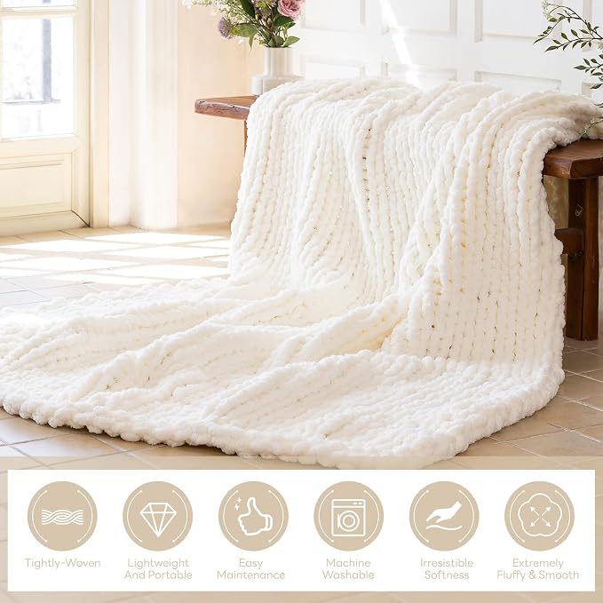 Chunky Knit Blanket - Luxury Soft Cozy 60 * 80 Throw Blanket,100% Woven Blanket Rope Knot Throw Blanket for Couch, Sofa, Home Decor, Gift - Machine Washable (Ivory White, 60 * 80)