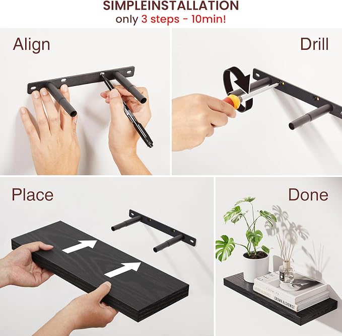 BAYKA Black Floating Shelves 15.7in, Set of 4, Wall Mount Rustic Wood Shelf | Easy Install, 22lbs Max Load, Hidden Bracket, Hanging Shelf for Books/Storage/Room Decor, Multi-Wall Compatible