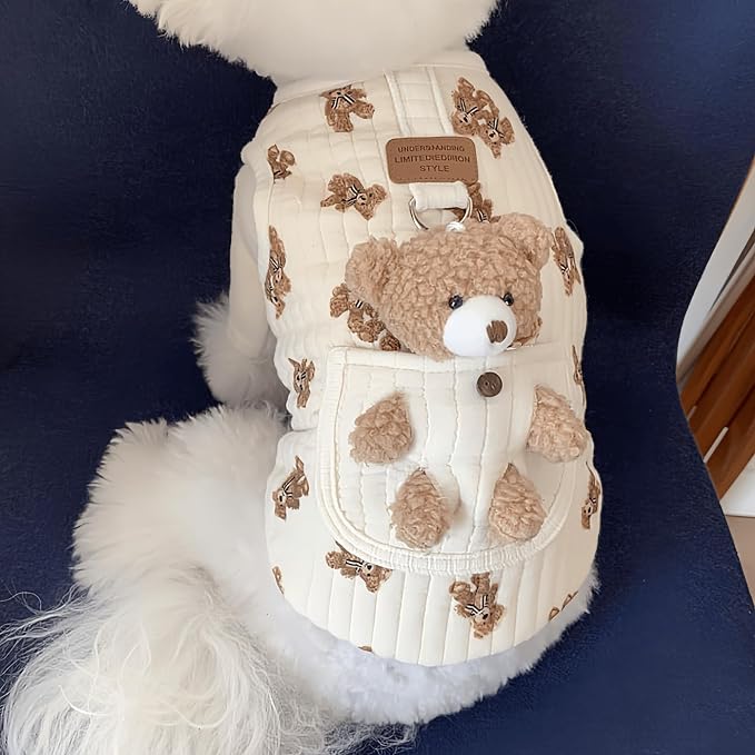 Cute Pet Apparel Plush Bear Pattern Cartoon Dog Clothes All Season Sleeveless Puppy Kitten Pullover Soft Skin-Friendly (White1, L (7.7-11lbs))
