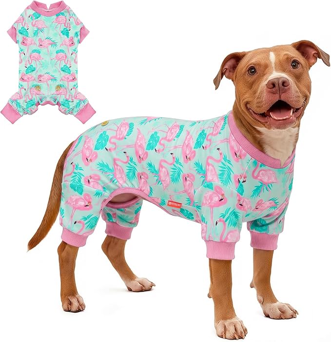 KYEESE Velvet Dog Pajamas for Medium Large Dogs Soft Onesie, Flamingo | 4-Way Stretch, Lightweight & Breathable, Reduces Shedding, Gentle on Sensitive Skin, Recovery Support, Easy Potty Breaks