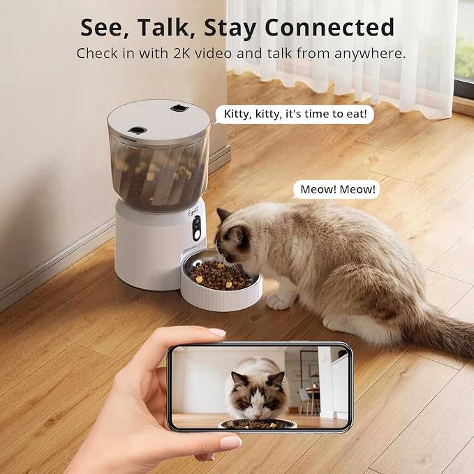 Automatic Cat Feeder with Camera, 2K WiFi Pet Feeder, 4L | Two-Way Talk, Night Vision, 5G & 2.4G Dual-Band WiFi, Custom Portion Control, Low Food Alerts, Call Pet Sound, Easy to Clean
