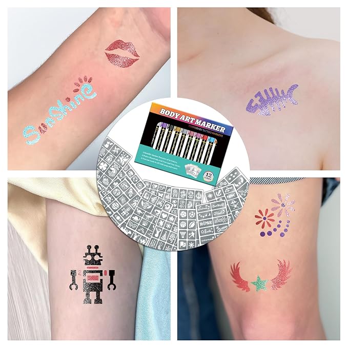 Temporary Tattoo Markers for Skin, 12 Metal Body Markers + 169 Large Tattoo Stencils for Kids Adults, Flexible Brush Tip, Bright Colors, Cosmetic-Grade Tattoo Ink, DIY Body Art Painting for Women Men