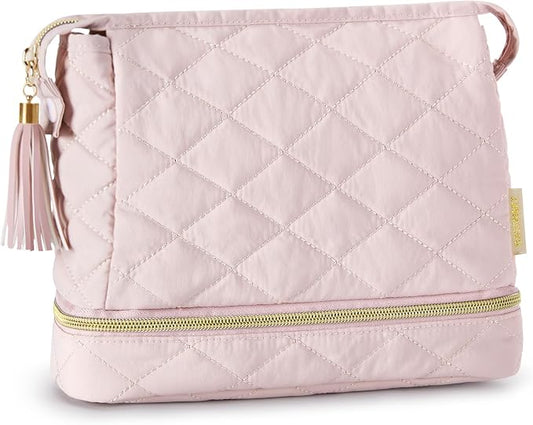 BAGSMART Makeup Bag Travel Cosmetic Bag,Puffy Make Up Bags for Women Double Layer Makeup Organizer Case,Wide-open Pouch Purse Storage Travel Essentials Toiletries Accessories Brushes,Pink