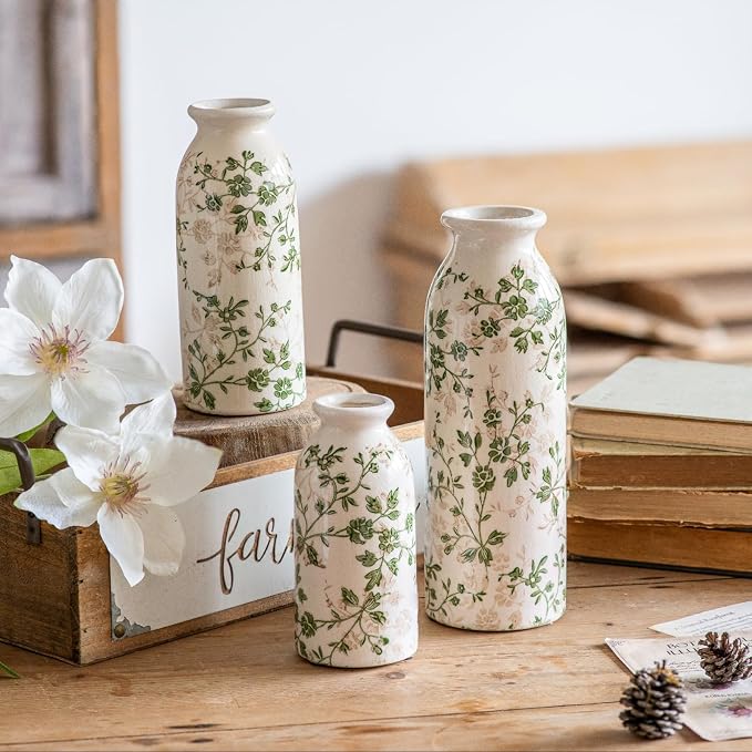 Teweiqi Vintage Vase Set of 3, Ceramic Flower Vases Chinoiserie Decor, Rustic Farmhouse Vases Retro Decorative Vases, for Home Living Room Kitchen Table Mantle Shelf Decor - Green and White