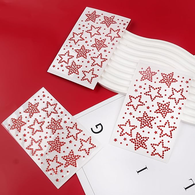 3 Sheers Red Star Gems Stickers Acrylic Star Rhinestone Sticker Self Adhesive Face Jewels Stick On Eye Nail Body Crystal Pearls Jewels Face Sticker Decorative Stickers for Independence Day