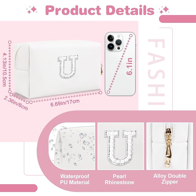 Bride Gifts – Personalized Initial Makeup Bag with Pearl Rhinestone Patch, Preppy White Monogram Cosmetic/Toiletry Pouch, bridesmaid Gifts, Bridal Shower Gifts, Wedding Gifts, Bridal Gifts,U