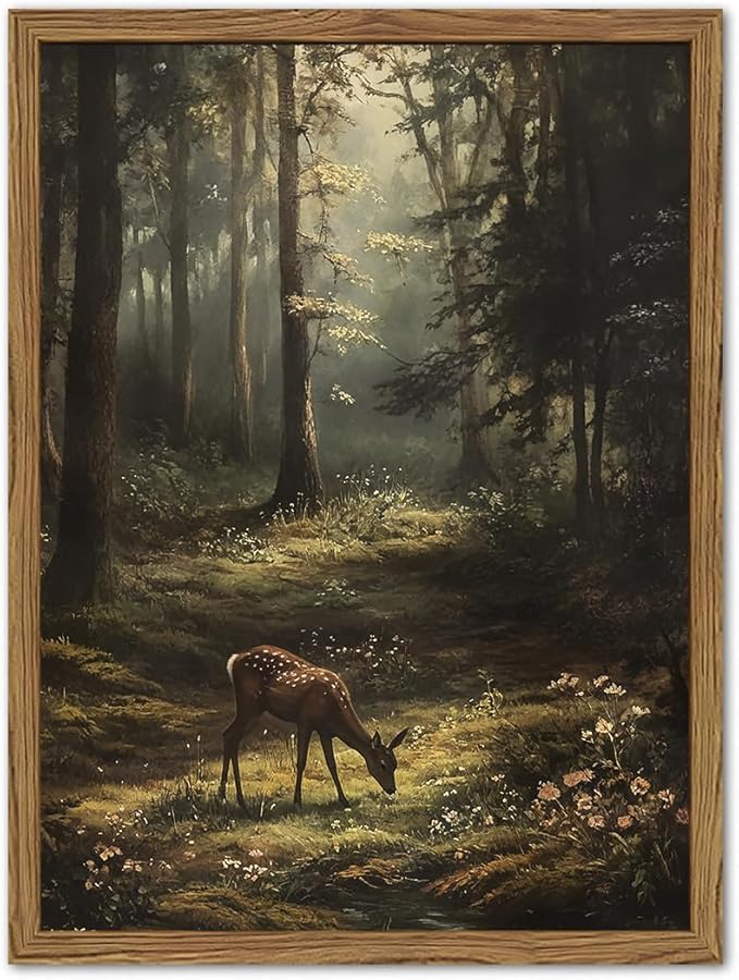 Framed Vintage Forest Deer Canvas Wall Art, Rustic Nature Landscape Paintings Wall Decor, Woodland Animal Pictures Prints Cottagecore Home Decor for Living Room Bedroom Office 12x16 inch