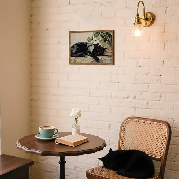Framed Black Cat Canvas Wall Art, Vintage Sleeping Cat with Plant Picture Wall Decor Paintings, Cute Animal Poster Prints Rustic Aesthetic Home Decor for Living room Bedroom Bathroom 16x24 inch