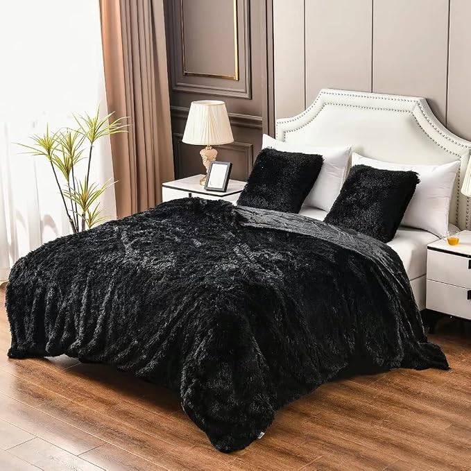 YUSOKI Long Faux Fur King Size Blanket, Black, 90" x 104" | Ultra Soft, Lightweight for All Season Use, stays fluffy after repeated washes, Perfect Gifts, Machine Washable