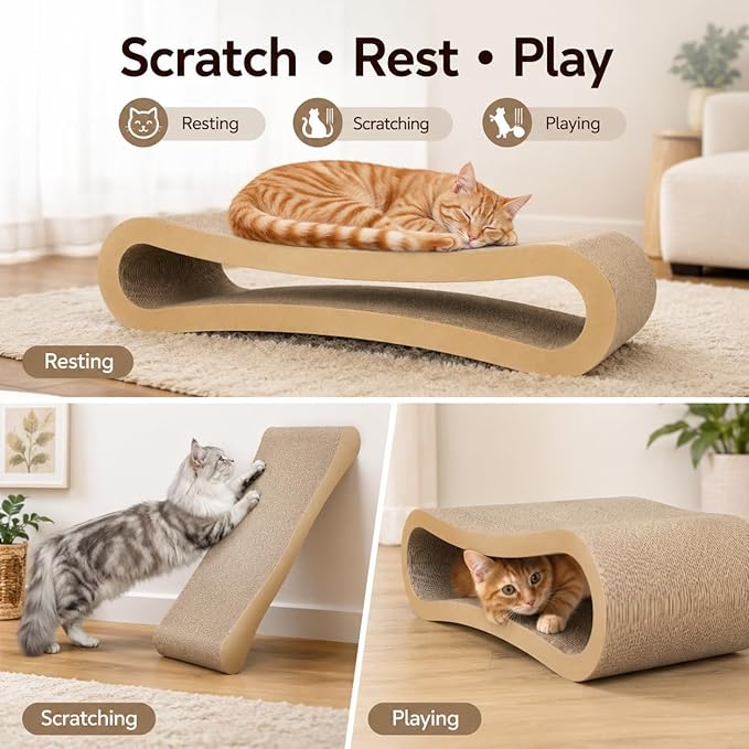 Simple Deluxe 3-in-1 Large Cardboard Cat Scratcher Lounger, 33.5" x 10.2" x 10.2" Infinity Shape Cat Scratching Board, Reversible Corrugated Scratch Pad for Multi-Cat Homes, 100% Recyclable, X-Large