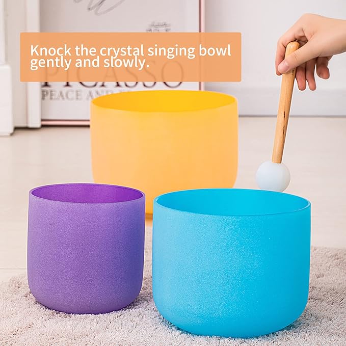 SOLSHINE Set of 7 Colored Crystal Singing Bowl 6''-12'' For Meditation Sound Healing with 2 Travel Carry Case Bag and Singing Bowl Resonance Striker