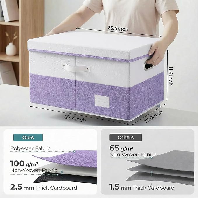 Storage Bins with Lids [3-Pack] Linen Fabric Foldable Storage Boxes Organizer Containers Baskets Cube with Cover for Bedroom Closet Office White&Purple (23.4X15.9X11.4)