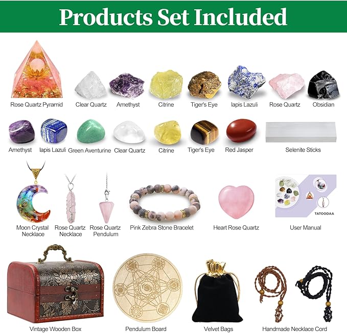 28 Pcs Healing Crystals and Stones, Chakra Crystal Set, 7 Chakra Stones Crystals Kit Pyramid Natural Real Raw Reiki Mditation for Beginners with Wooden Box, Gifts for Women, Valentine's Day Gift