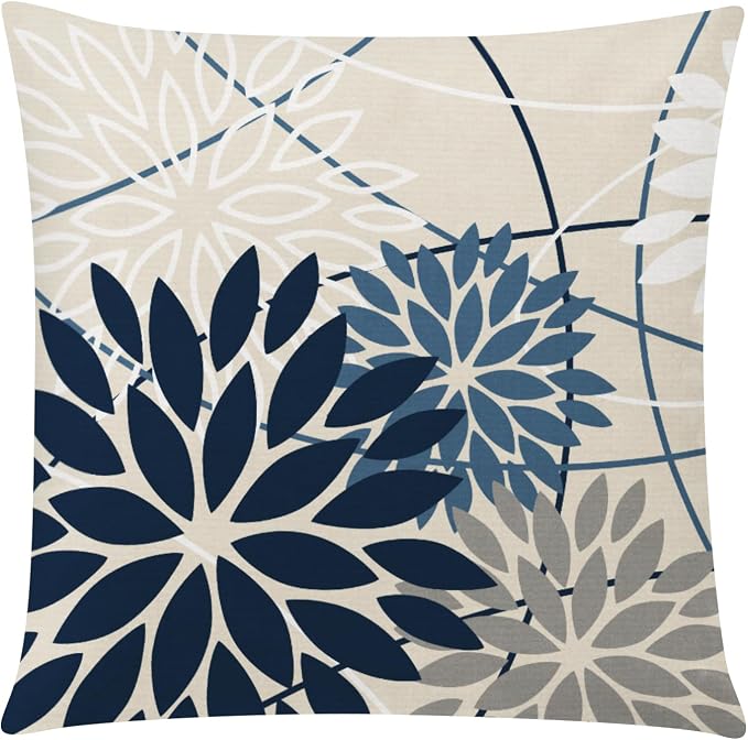 Blue Beige Linen Pillow Covers 16x16 Set 6 Farmhouse Daisy Floral Decor | daisy sunflower dahlia, decorative cushion cover, Breathable Linen, Accent pillow chair small Sofa, modern farmhouse Decor