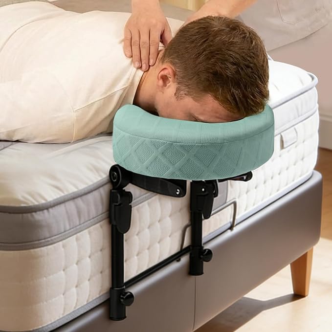 Massage Headrest for Bed with Adjustable Height, Memory Foam Face Cradle, Washable Pillowcase for Home (Green)