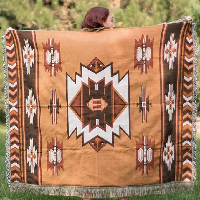 Aztec Blanket Native American Blanket for Couch Brown 51"x63" | Southwestern Throw Blanket Boho Decor Reversible Woven Tassels for Bed Chair Wall Tapestry Livingroom Outdoor