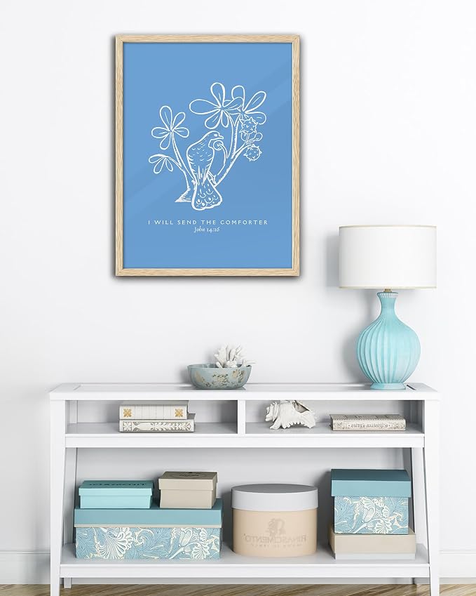 EcoHest 12x16 in John 14:16 I Will Send The Comforter Christian Wall Art | Natural Oak Wood Frame，Canvas Wall Art, Bible Verse Holy Spirit Floral Decor for Bedroom, Living Room, Office, Church, 1Pack