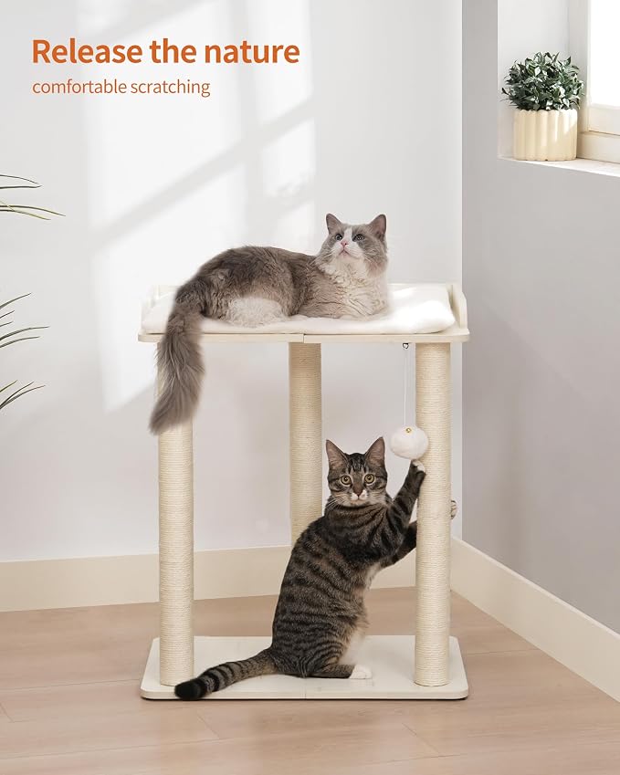 26.7in Large Cat Tree Tower Condo, Cat Scratch Posts for Indoor Cats, Big Plate, Three 23.6in Full Sisal Scratching Posts, White
