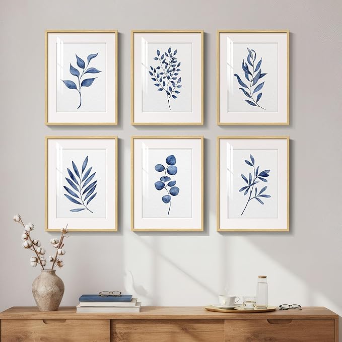 Framed Minimalist Blue Botanical Wall Art for Living Room, 6 Piece 11x14 In | Watercolor plant pictures, Plexiglass with mat prints, Leaf wall decor, Contemporary home decor, Bedroom office artwork