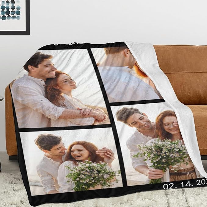 Personalized Mothers Day Birthday Blanket for Mom with Photos Text | Personalized Christmas Birthday Gifts for Mom Wife from Daughter Son Husband, Personalized Anniversary Couple Blanket Gifts
