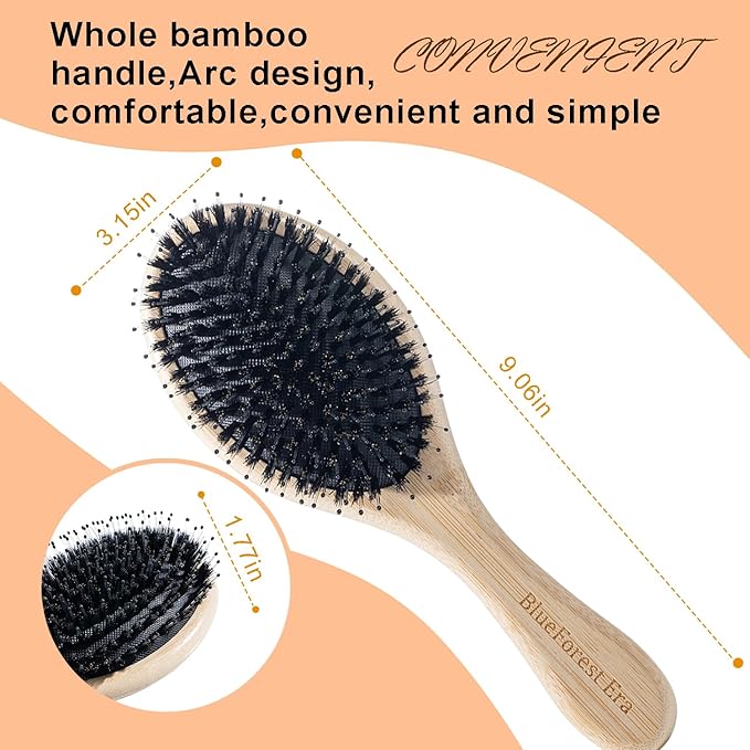 BlueForest Era Hair Brush, Boar & Nylon Bristle Hair Brushes for Women Men Kids, Natural Bamboo oval Paddle Handle Hairbrush for Wet or Dry Hair Adds Shine and Smoothing Massaging Detangling