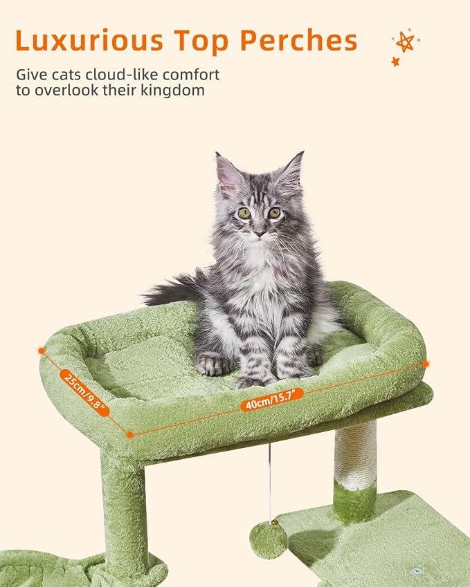 Taoqimiao Cat Tree, 38.5In Cat Tower for Indoor Cats, Suitable for Kittens | Thick Padded Top Perch, Luxurious Cat Condo, Adjustable Basket, 1-Piece Ramp Scratcher, 3 Sisal Posts, Green, MS029SGR