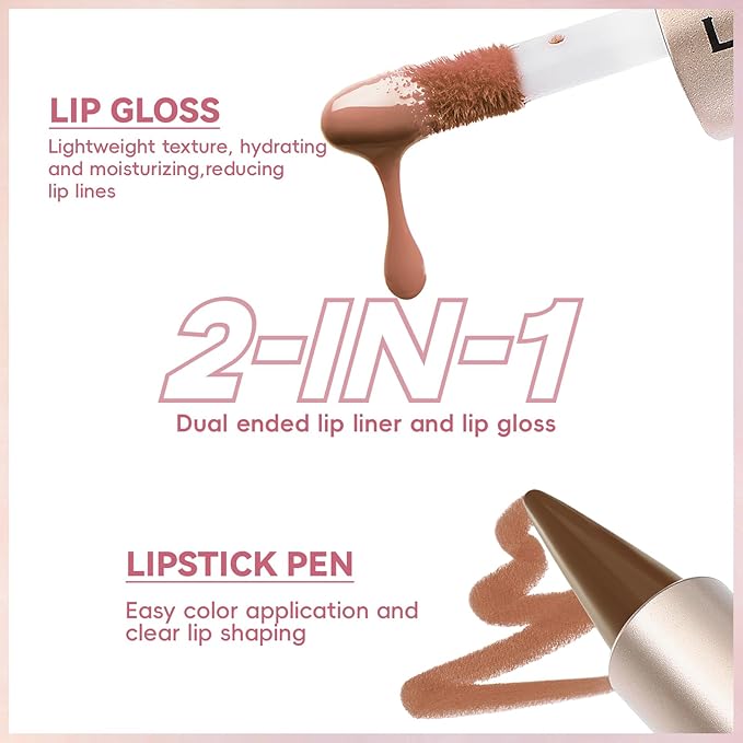 Lip Liner Gloss Lip Combo Set, 2 in 1 Lip Duo Natural Nude Lip Liner Lipstick Glossy Nourishing Blushl Dew Gloss Lip Kit, Smooth Quick Fuller Plumping Juicy Lip Makeup for Women05#Rose Dewy