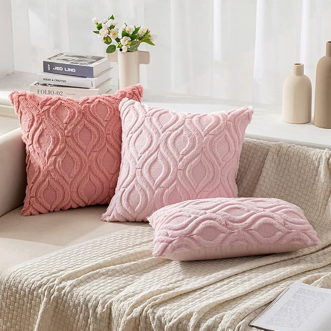 MIULEE Coral Red Soft Plush Faux Wool Throw Pillow Covers 18x18 | Set of 2, Farmhouse Boho Home Decor, Decorative Cushion Covers for Sofa, Living Room, Bed