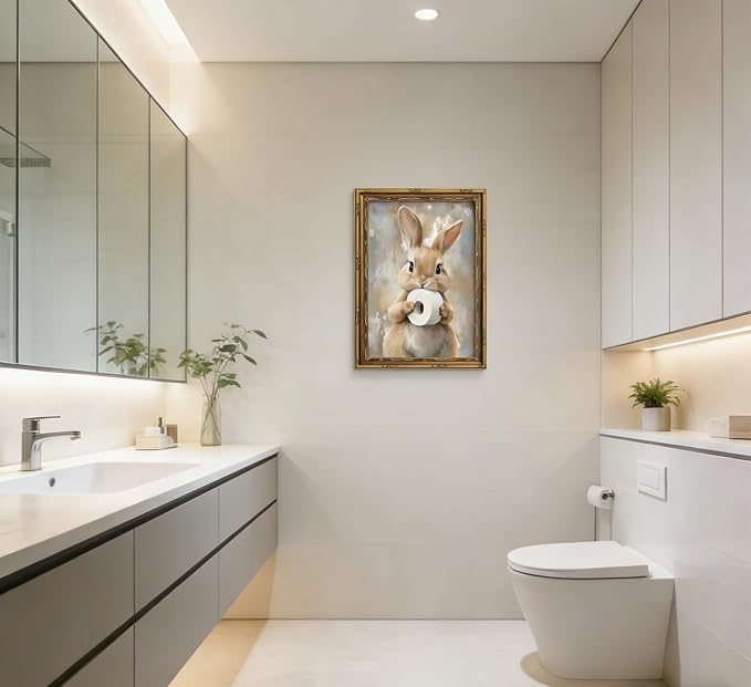 Vintage Gold Framed Bunny Easter Bathroom Wall Art Funny Rabbit and Toilet Paper Painting Canvas Prints Country Animal Picture Wall Decor Rustic Farmhouse Poster Artwork for Restroom Toilet Washroom